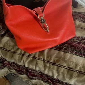 Dooney & Bourke Red Pebbled Leather Shoulder Bag with Brushed Hardware